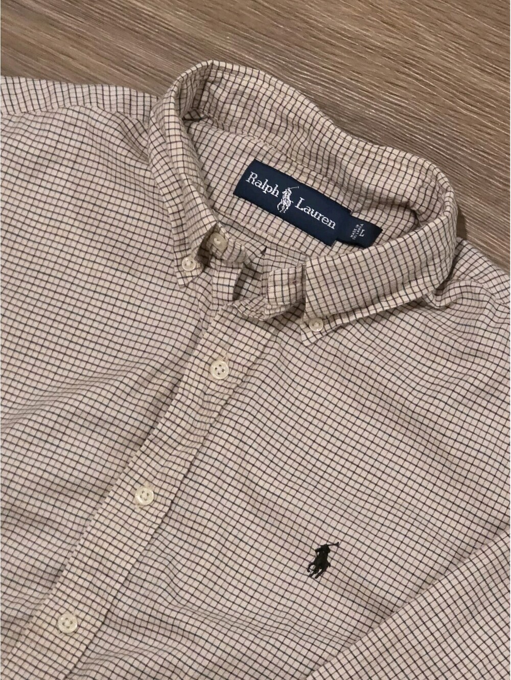 Polo Ralph Lauren Mens Large Brown Beige Plaid Button Down Shirt L/S Cotton